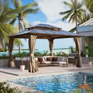 Erommy Outdoor Double Roof Permanent Hardtop Gazebo Pergola with Prime Netting and Curtains Roof