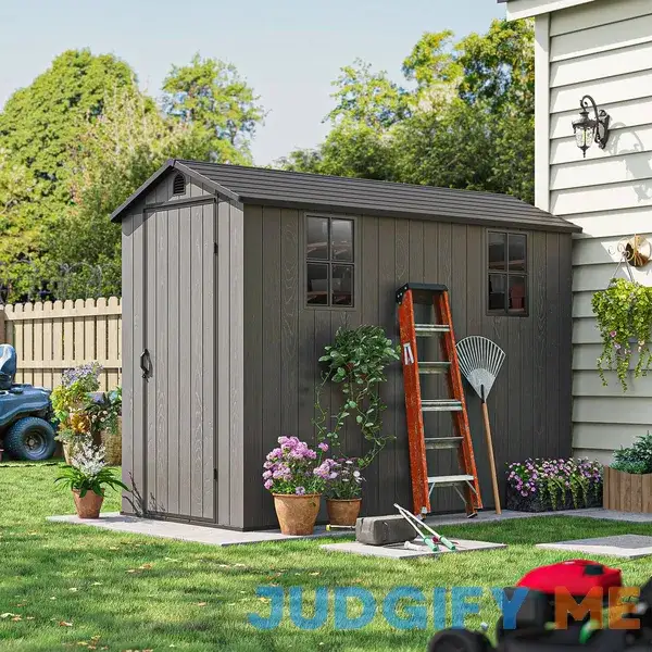 Patiowell 4x8 Plastic Outdoor Storage Shed with Floor Resin Outside Tool Shed with Window for Backyard Garden Lawn Patiowell 4x8 Plastic Outdoor Storage Shed with Floor Resin Outside Tool Shed with Window for Backyard Garden Lawn
