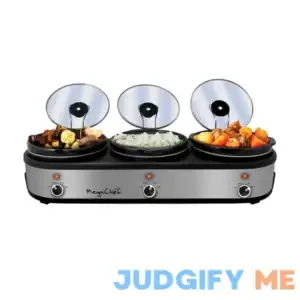 MegaChef Triple 2.5 Quart Slow Cooker and Buffet Server in Brushed and Black Finish with 3 Ceramic Cooking Pots and Removable Lid Rests