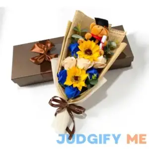 Ansuma 13" Graduation Rose Sunflower Scented Soap Flower Bouquet Mini Plush Graduation Teddy Bear with Grad Cap Floral Arrangements Gift Box