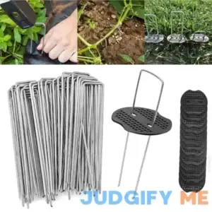 100pcs Garden Stakes Landscape Staples Set 6 Inch 11 Gauge Heavy Duty Galvanized Landscape Yard Ground Pins U-Shaped Lawn Spikes with Gasket