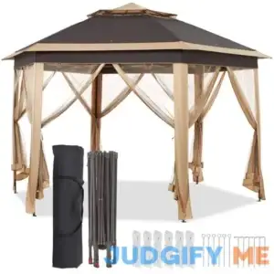 11 ft. x 13 ft. Hexagonal Outdoor Gazebo Pop-Up Canopy Metal Frame Mesh Netting for Patio Backyard Garden Wedding Party