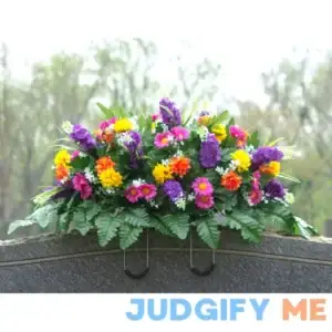 Spring Wildflower Cemetery Saddle - Purple and Orange Wildflowers - Artificial Mothers Day Cemetery Flower Arrangement (SD2374)