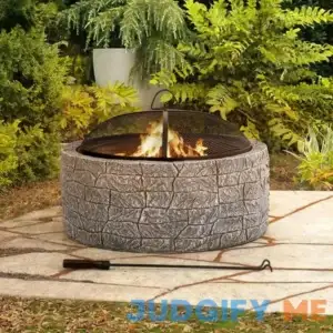 Sunjoy Outdoor 26 in. Round Wood Burning Stone Fire Pit with Spark Screen and Poker