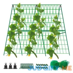 48 x 48 Inch Foldable Cucumber Trellis for Raised Bed- A-Frame Garden Trellis for Climbing Plant Outdoor with Climbing Net and Plant Support Clip