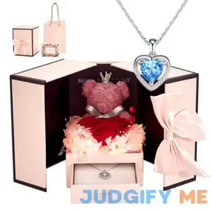 Preserved Rose Moss Bear with 925 Silver Heart Necklace - LED Light Gifts for Mom