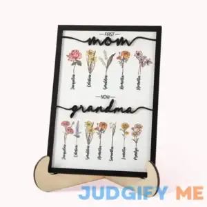 Personalized First Mom Now Grandma Birth Flower Garden Wooden Plaque Frame Sign with Kid's Name Mother's Day Christmas Home Decor Gift for Grandma Mom