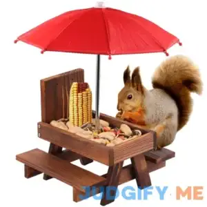SKWIRRLE Squirrel Feeder Picnic Table with Umbrella Wooden Squirrel Feeders for Outside with Corn Cobs