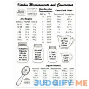 Magnetic Kitchen Measurement and Conversion Chart Refrigerator Magnet Measuring 5 inch x 7 inch shows Dry Weights