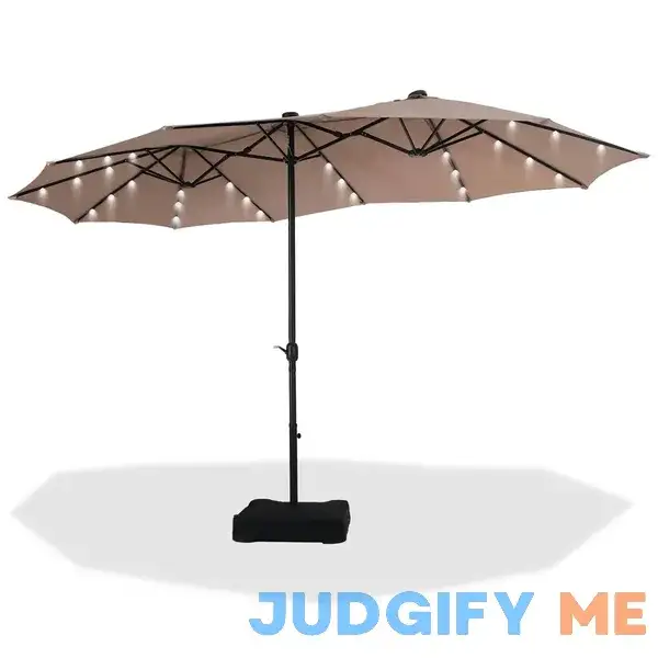 Summit Living 15ft Double-Sided Solar Patio Umbrella with Base Large Outdoor Table Umbrella with Crank Handle and 36 pcs LED lights Summit Living 15ft Double-Sided Solar Patio Umbrella with Base Large Outdoor Table Umbrella with Crank Handle and 36 pcs LED lights