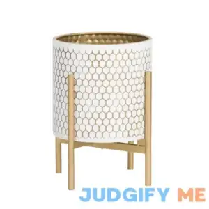 Honeycomb Mid-Century Modern Indoor Metal Pot Planter with 4-Leg Gold Metal Base
