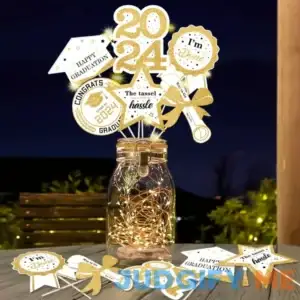 12pcs Graduation Decorations for Class of 2024 - White Golden Graduation Table Centerpieces Sticks with LED String Lights for College High School 2
