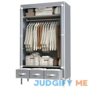 ASSICA Portable Clothes Closet Rolling Door Wardrobe with Hanging Rack Non-Woven Fabric Storage Organizer with Three Drawer Boxes No-Tool Assembly