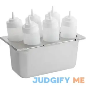 Choice Stainless Steel Six Hole Squeeze Bottle Holder Kit with 24 oz. Squeeze Bottles - 6" Deep 1/3 Size Pan