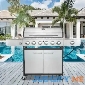 Erommy Outdoor 6+1 Burner BBQ Propane Gas Grill 58000 BTUs Stainless Steel Patio Barbecue Grill with Stove and Side Table