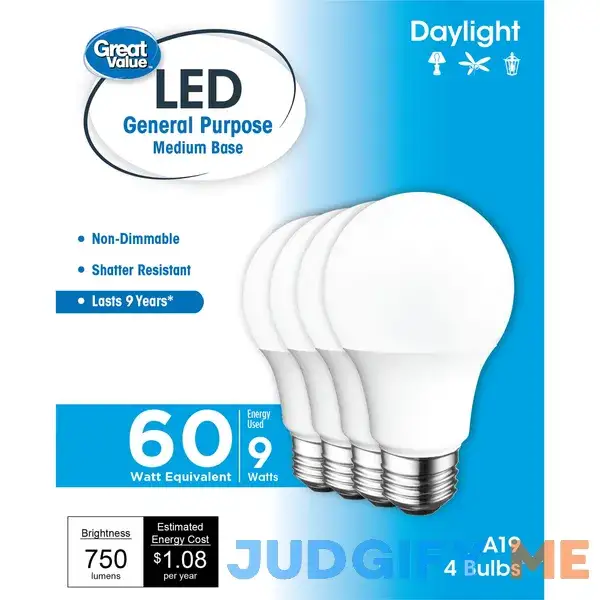 Great Value LED Light Bulb 9W A19 General Purpose Lamp E26 Medium Base Great Value LED Light Bulb 9W A19 General Purpose Lamp E26 Medium Base