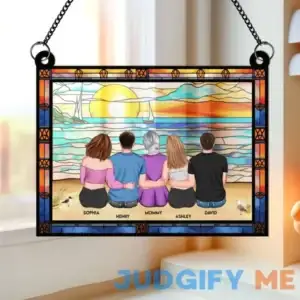 Mom & Children Sitting On The Beach - Personalized Window Hanging Suncatcher Ornament