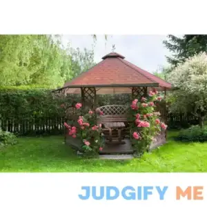 Outdoor Wooden Gazebo with Roses and Summer Landscape Background Wrapped Canvas Photograph Wade Logan