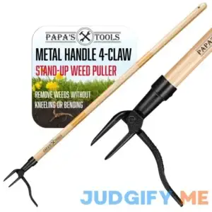 Papa's Tools Weeder Stand Up Weed Puller Wooden Long Handle Real Bamboo & 4-Claw Steel Head