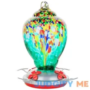 WOSIBO Hummingbird Feeder for Outdoors Patio Large 32 Ounces Colorful Hand Blown Glass Hummingbird Feeder with Ant Moat Hanging
