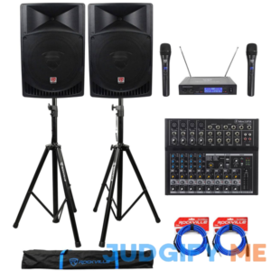(2) Rockville RPG15 15" 2000w Active PA/DJ Speakers+Mixer+Mic+Stands+Cables+Bag