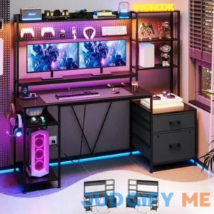 Afuhokles 65 inch Gaming Desk with Hutch LED Reversible Computer Desk with Power Outlets
