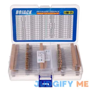 BOJACK 1000 Pcs 25 Values Resistor Kit 1 Ohm-1M Ohm with 5% 1/4W Carbon Film Resistors Assortment