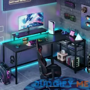 Bestier 52 inch Gaming Desk with LED Lights L Shaped Desk with Power Outlet & Monitor Stand Corner Computer Desk