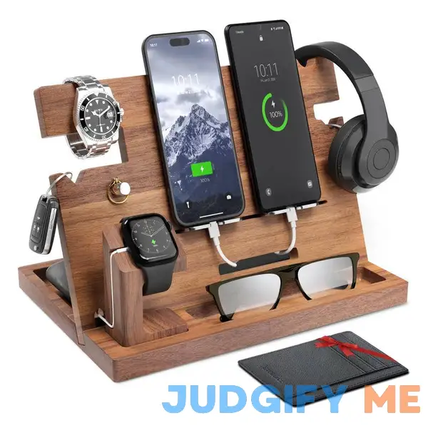 ETERLUCK Wooden Docking Station Men Nightstand Organizer Bundle w/RFID Blocking Leather Wallet ETERLUCK Wooden Docking Station Men Nightstand Organizer Bundle w/RFID Blocking Leather Wallet