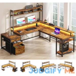 EnHomee 66" L Shaped Desk with Drawers Reversible Large L Shaped Gaming Desk with LED & Storage Shelf Gaming Desk with Monitor Stand Power & Outlet
