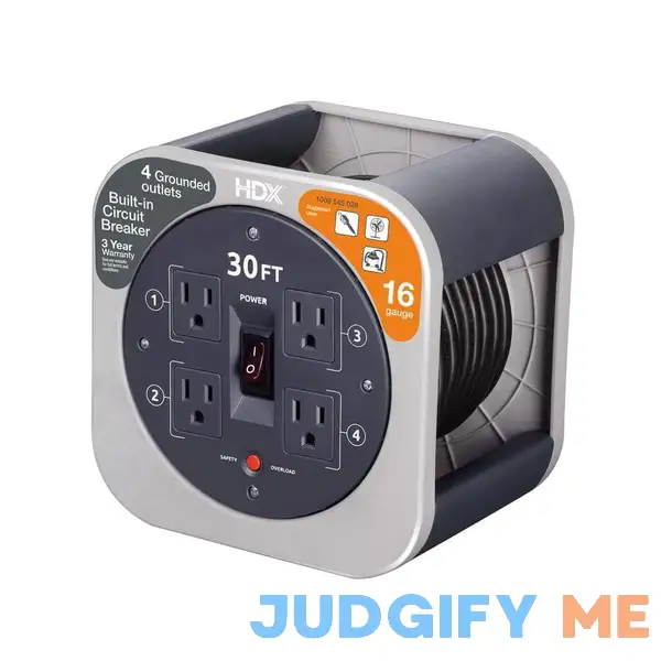 HDX 30 ft. 16/3 Extension Cord Reel with 4 Grounded Outlets and Surge Protector in Gray EM-EL-300N-HDX HDX 30 ft. 16/3 Extension Cord Reel with 4 Grounded Outlets and Surge Protector in Gray EM-EL-300N-HDX