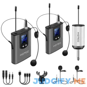 Hotec Wireless System with Dual Headset Microphones/Lavalier Lapel Mics and Bodypack Transmitters and One Mini Rechargeable Receiver 1/4" Output