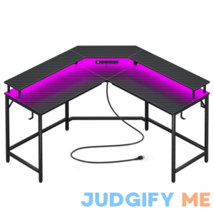 Huuger L Shaped Gaming Desk with Power Outlets & LED Lights Computer Desk with Monitor Shelves