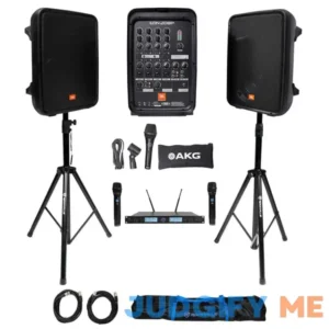 JBL EON208P 8" Bluetooth Speakes+Stands+Mixer+(2) Wireless UHF Microphones
