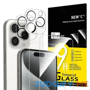 NEW'C 4 Pack 2 Pack Screen Protector for iPhone 15 Pro + 2 Pack Camera Lens Protector