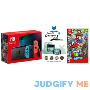Nintendo Switch Neon Console with Super Mario Game and MightySkins Custom Code Bundle