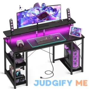 ODK 48 inch Gaming Desk with LED Lights & Power Outlets Computer Desk with Monitor Stand & Storage Sheves