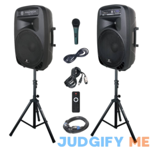 PRORECK Party 15 Portable 15-Inch 2000 Watt 2-Way Powered PA Speaker System Combo Set with Bluetooth/USB/SD Card Reader/FM Radio/Remote Control/LED