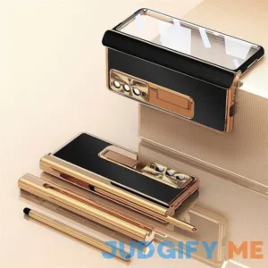 Phone Case Plating Leather Case For Samsung Galaxy Z Fold 6 Z Fold 5 Z Fold 4 Fold 3 Magnetic Kickstand with Pencil Holder(without Pen) Carbon Fibe