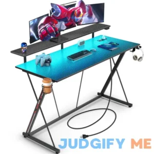 SEVEN WARRIOR Gaming Desk with LED Lights & Power Outlets Computer Desk with Monitor Shelf