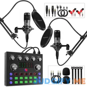 Squarock Podcast Equipment Bundle for 2 Audio Interface with DJ Mixer and Condenser Microphone