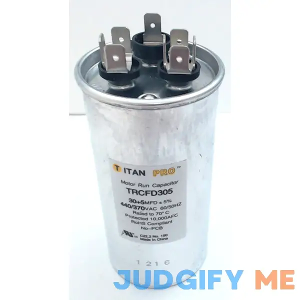 Titan Pro TRCFD305 30/5 MFD Round Dual Motor Run Capacitor Titan Pro TRCFD305 30/5 MFD Round Dual Motor Run Capacitor