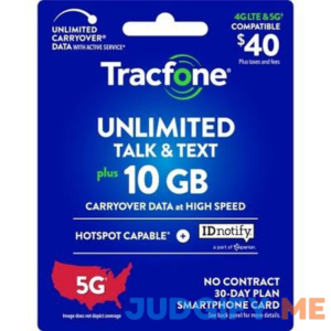Tracfone Unlimited Talk/Text + 10GB Carryover Data 30-Day Plan Smartphone Card (Email Delivery) - $40