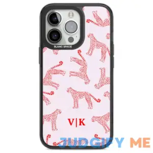 iPhone 14 Pro Phone Case Blanc Space Personalised + Red & Pink Cheetah Design